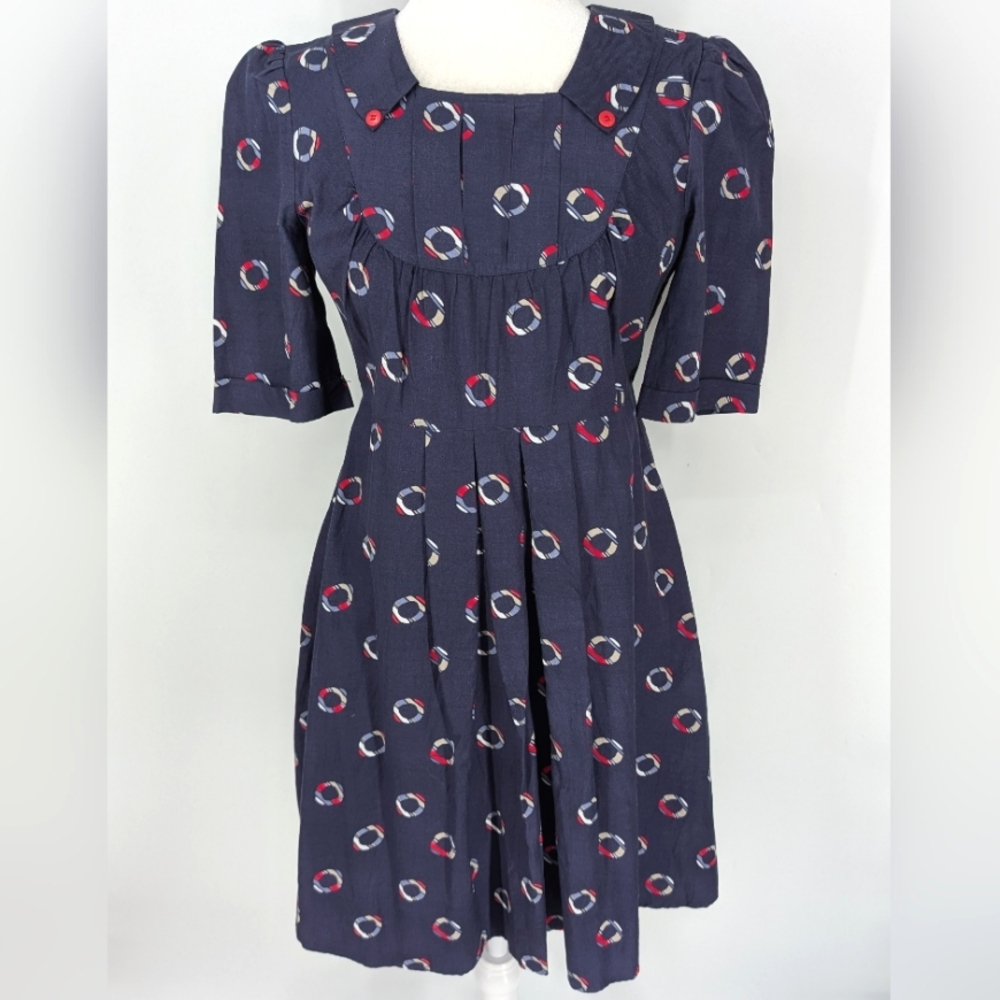 Anthropologie Tulle Blue Red Pleated Peter Pan Collar Short Sleeve Dress Medium